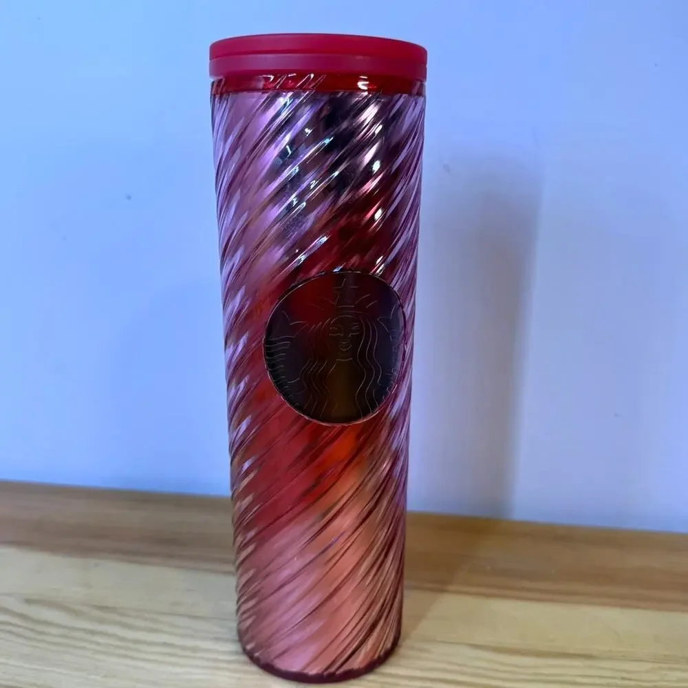 Starbucks Pink Red Swirl Cold Cup Tumbler 24 oz Reusable